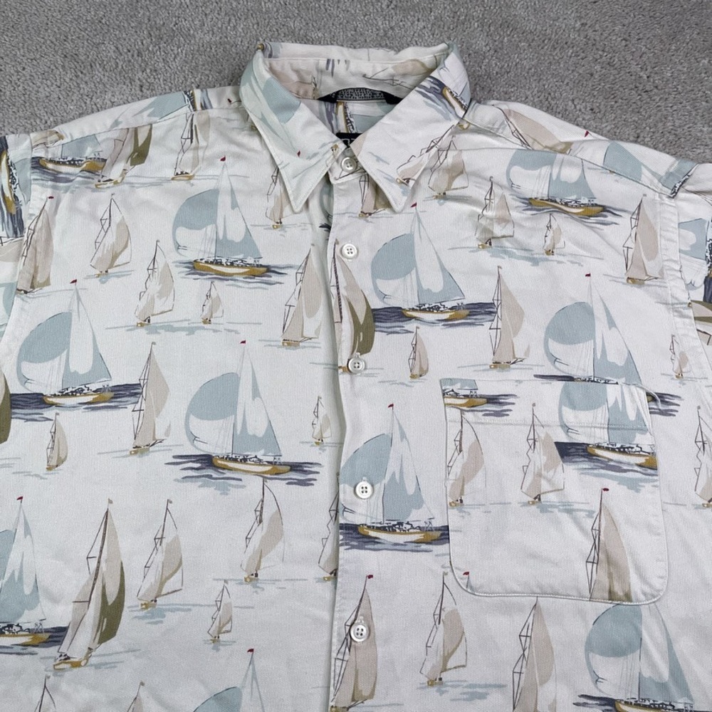 Vintage Nautica‎ Shirt Mens Large Sailboat Print Nautical Yacht Rayon USA Made